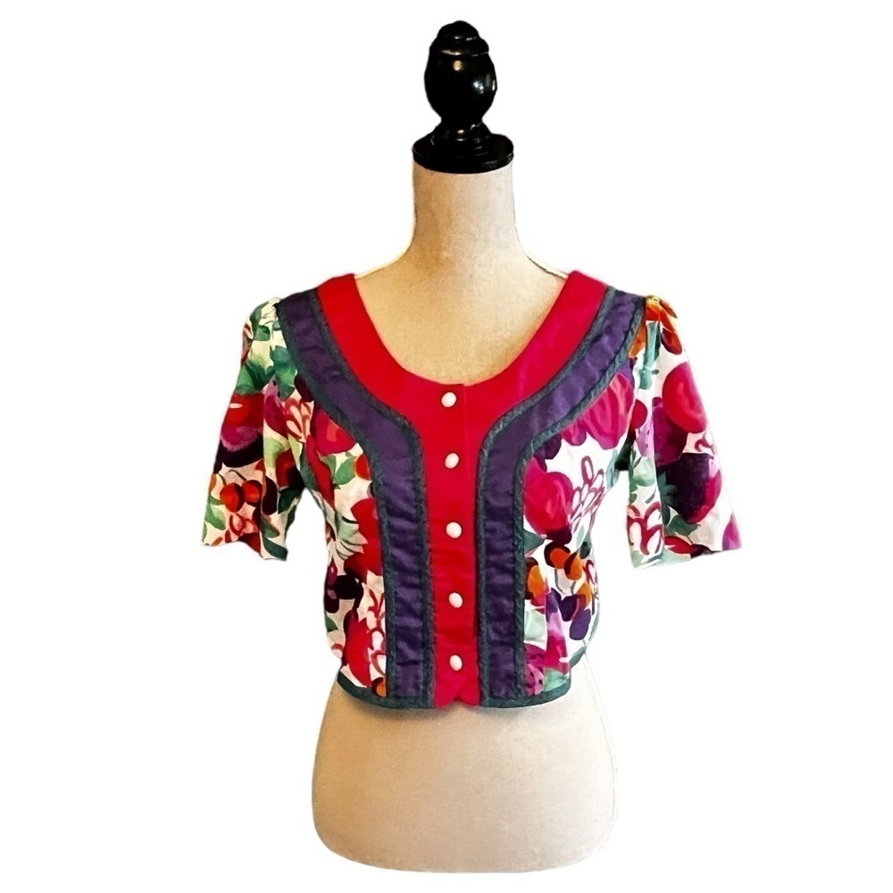 Vintage Suttles & Seawinds Cropped Cotton Fruit Garden Girl Top, S, Colourful